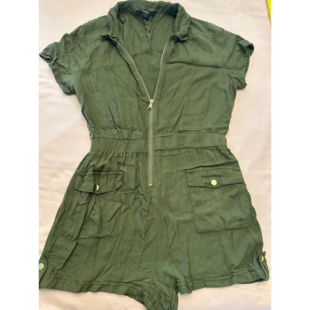 Toxik3 Womens Olive Green Utility Cargo Zip Front Short Sleeve Romper Size L